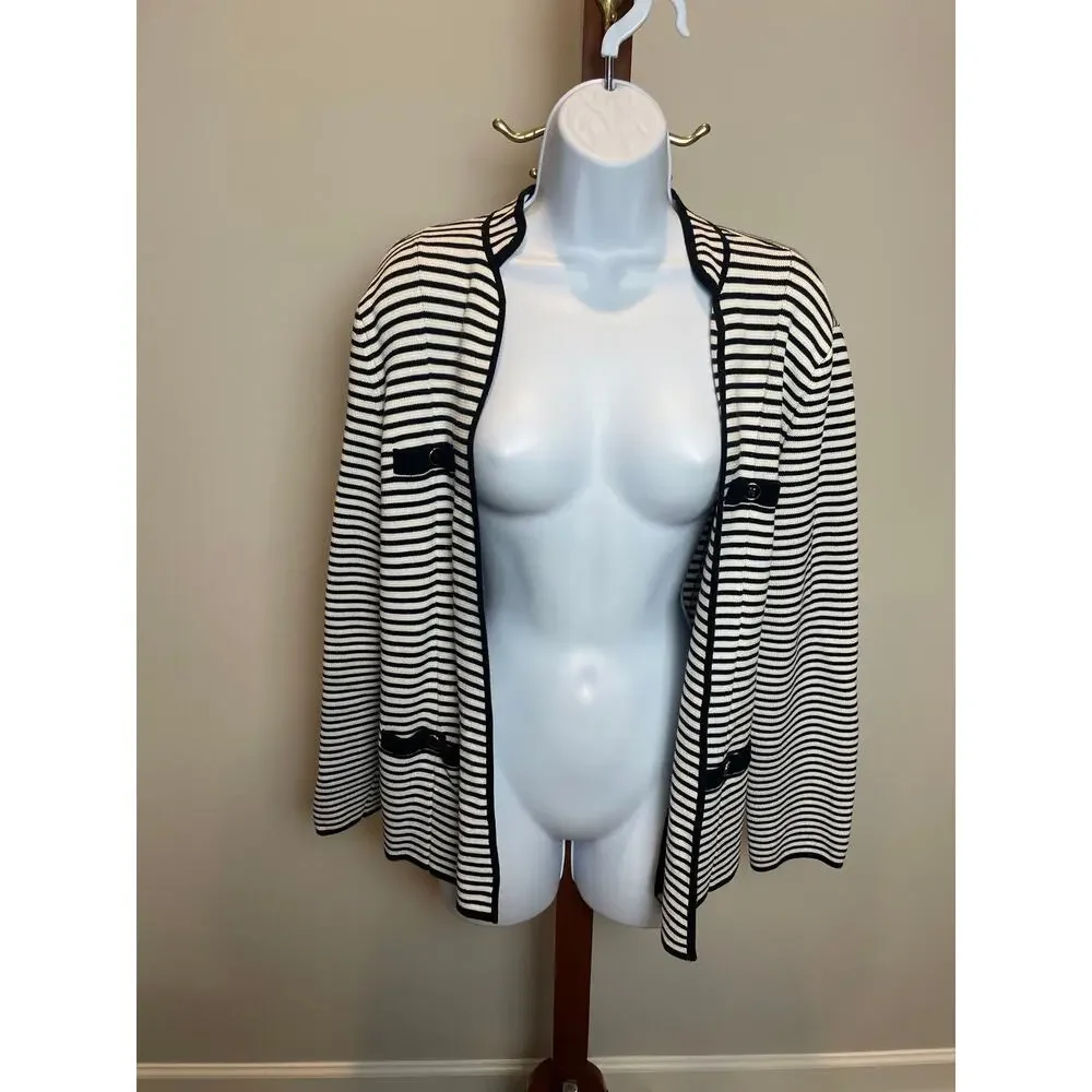 Talbots Size M Open‑Knit Blazer White With Black Stripes Button Detail
